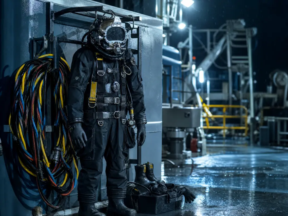 Traje de buceo comercial con casco listo para faena